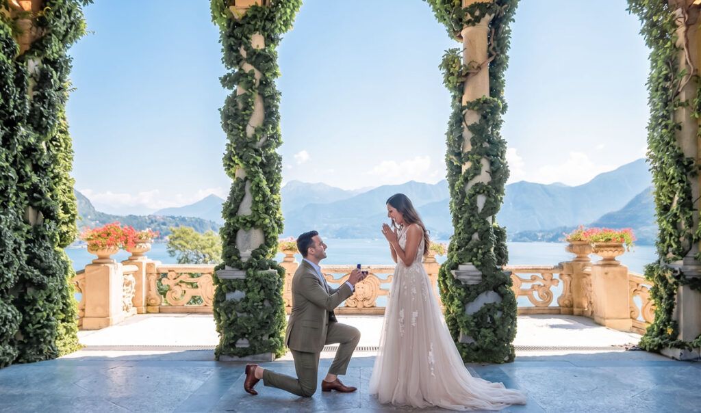 Fotógrafo Lago di Como en Milán de una pedida de mano en Villa Valbianello